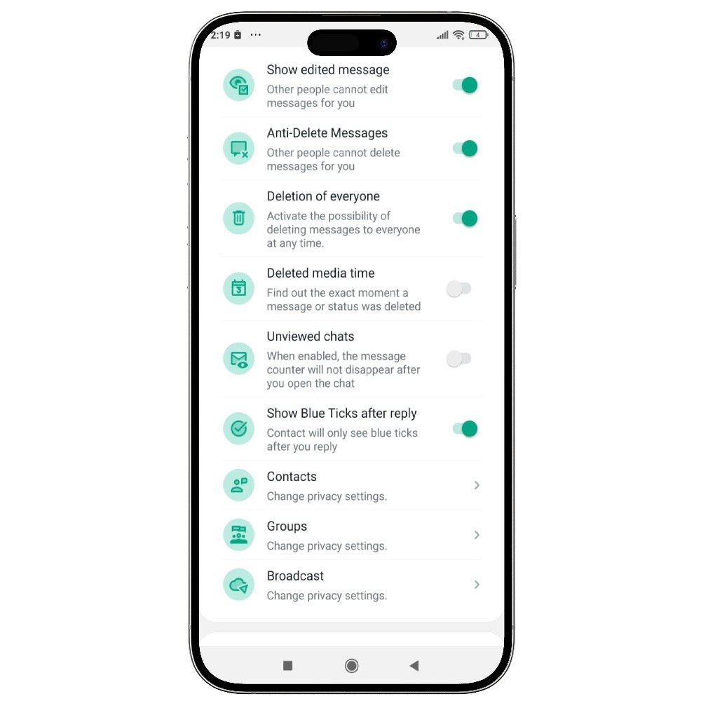 Privacy and online status options in GB WhatsApp Pro