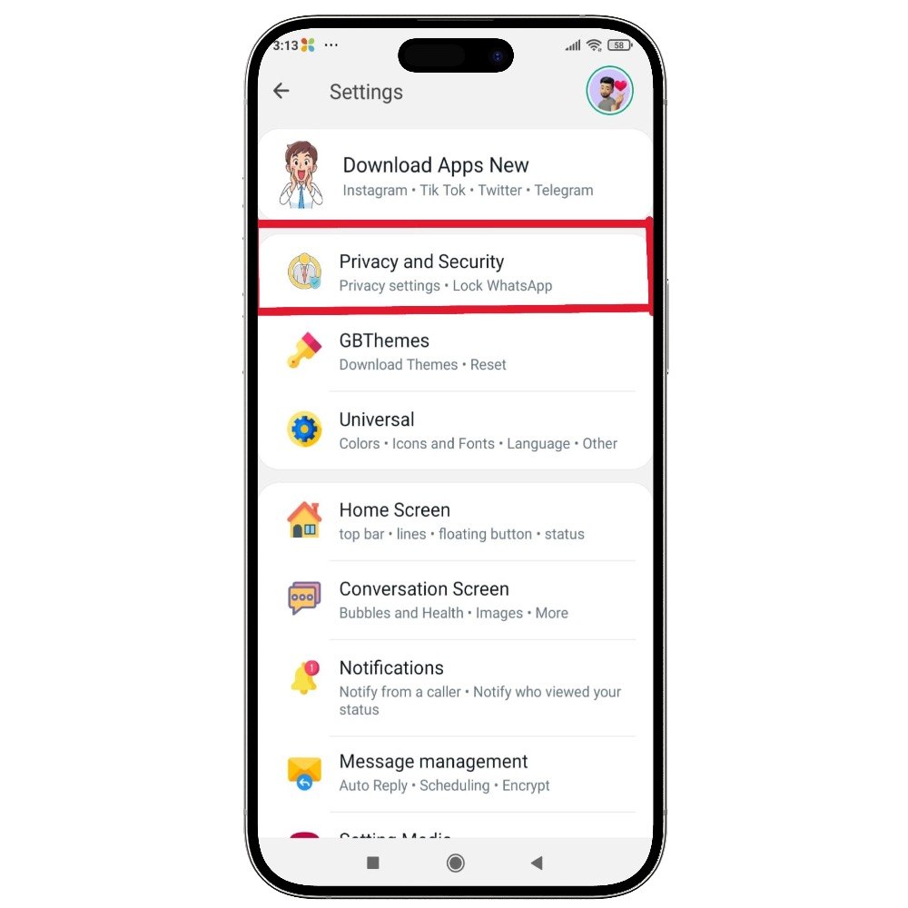 GB WhatsApp Pro Settings screen with Privacy and Security option highlighted
