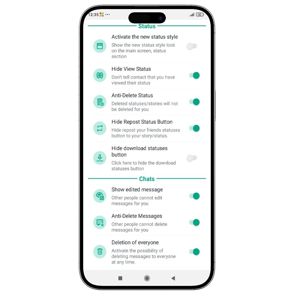 GB WhatsApp Pro status and chats options including Hide View Status, Anti-Delete Status, Hide Repost
